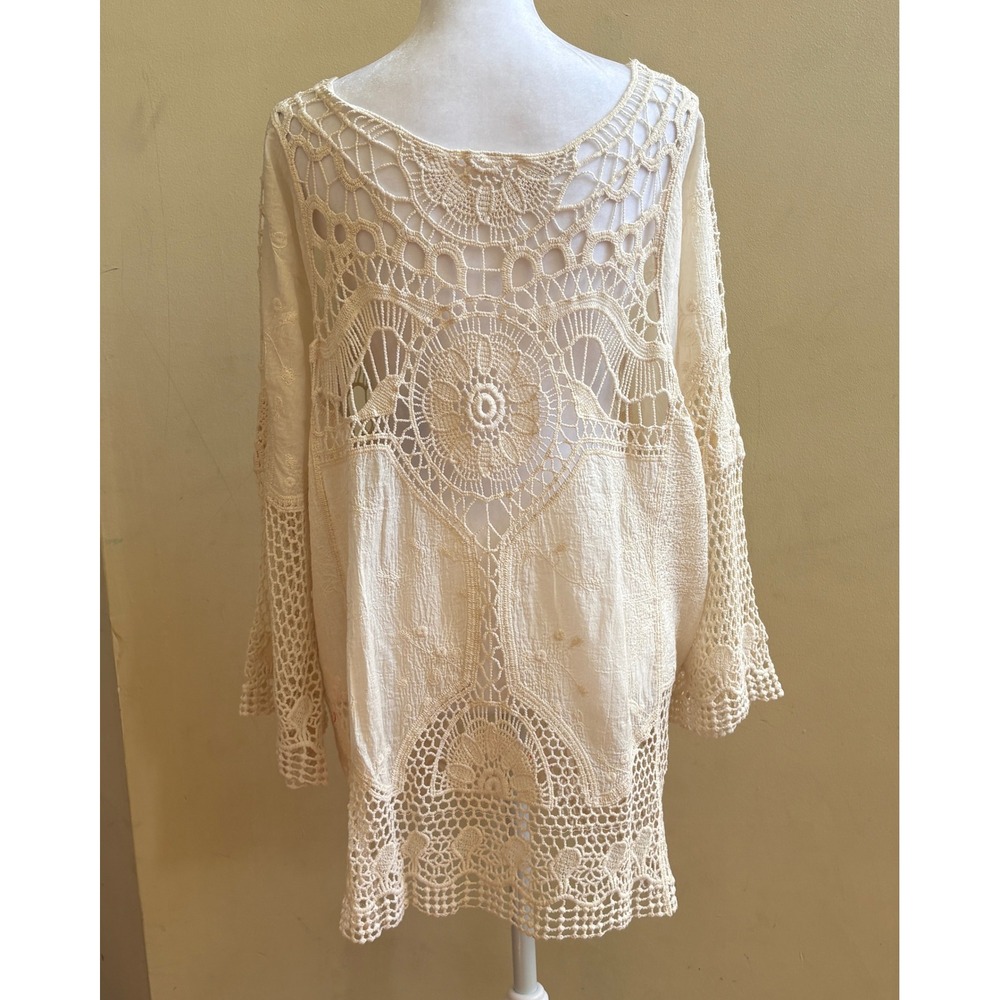 ASHA Crochet Lace Top Embroidered Boho Bell Sleeve OS Cream Ivory Women Tunic